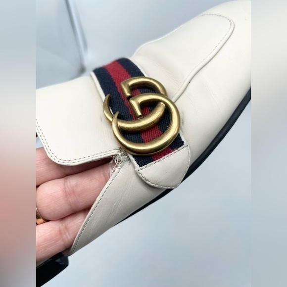 Gucci GG Logo Marmont Red Blue Web Canvas White Leather Mules Loafers EU 38.5 - Picture 15 of 15